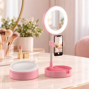 Sklopivi ring light sa ogledalom i držačem za telefon – roze